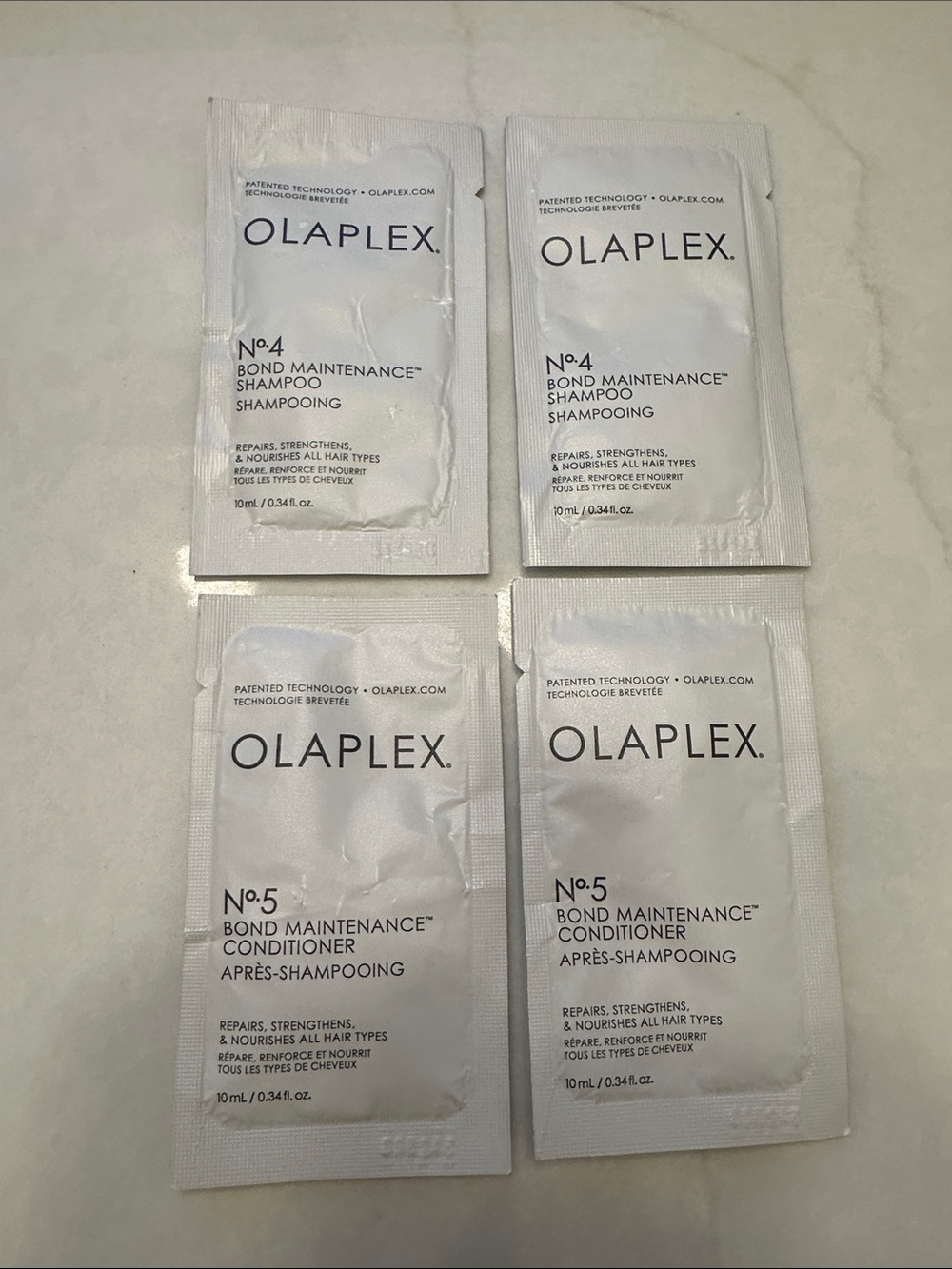 Olaplex No.4 Shampoo & No.5 Conditioner Travel Sachet Duo x 2. 20 10 mL each x4.
